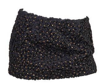 1990S Gianni Versace Black Faux Curly Lamb Fur Iconic Micro Mini Skirt With Gold Crystals