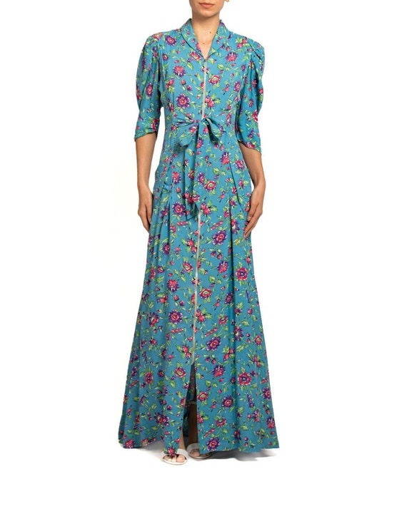 1940S Blue & Pink Floral Cold Rayon Zipper Front … - image 1