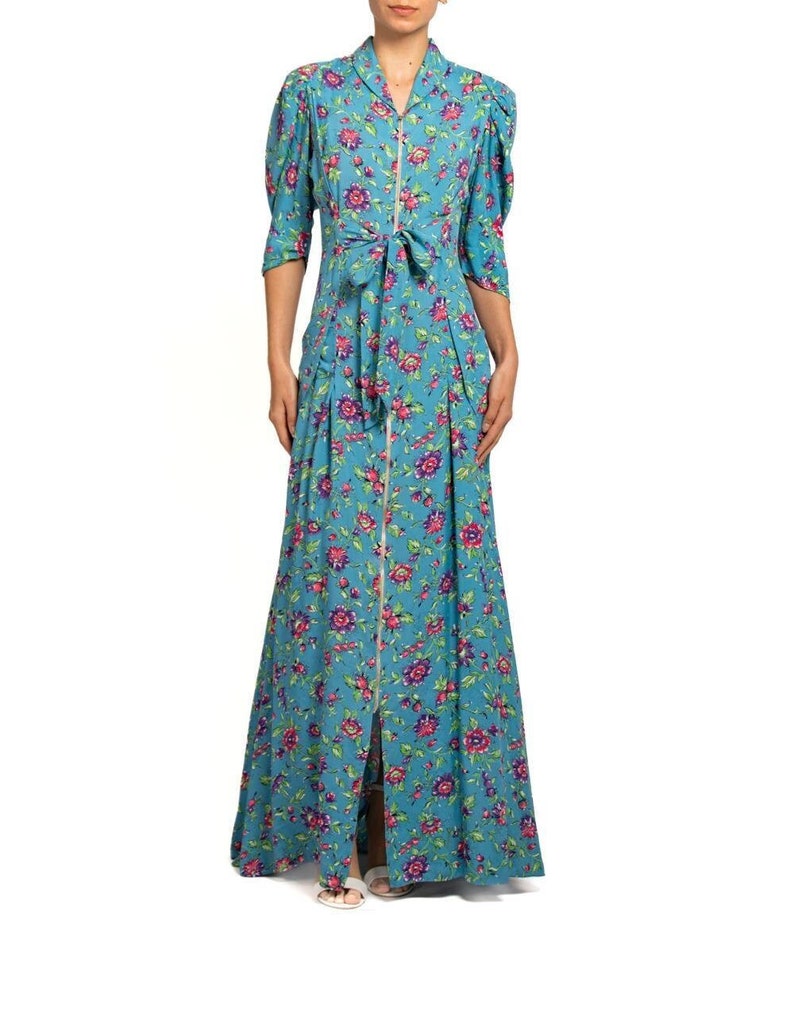 1940S Blue & Pink Floral Cold Rayon Zipper Front Dress image 1