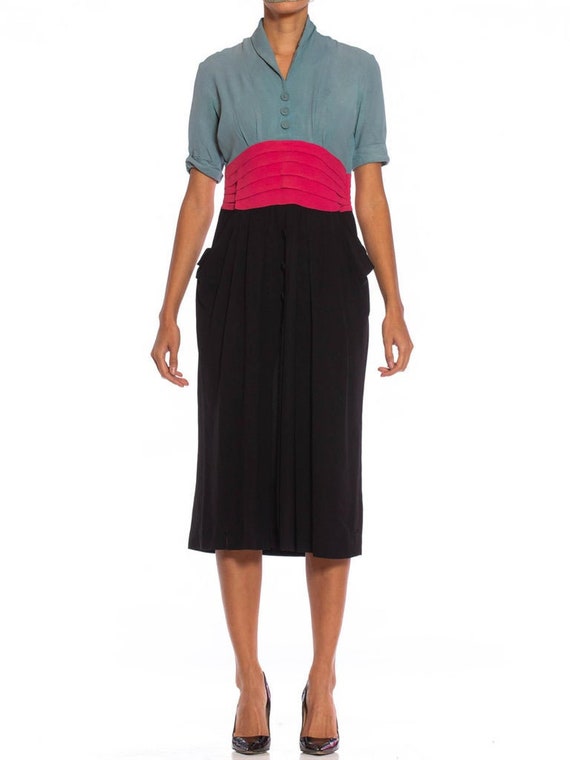 1940S Dusty Blue, Pink Black Rayon Crepe Dress
