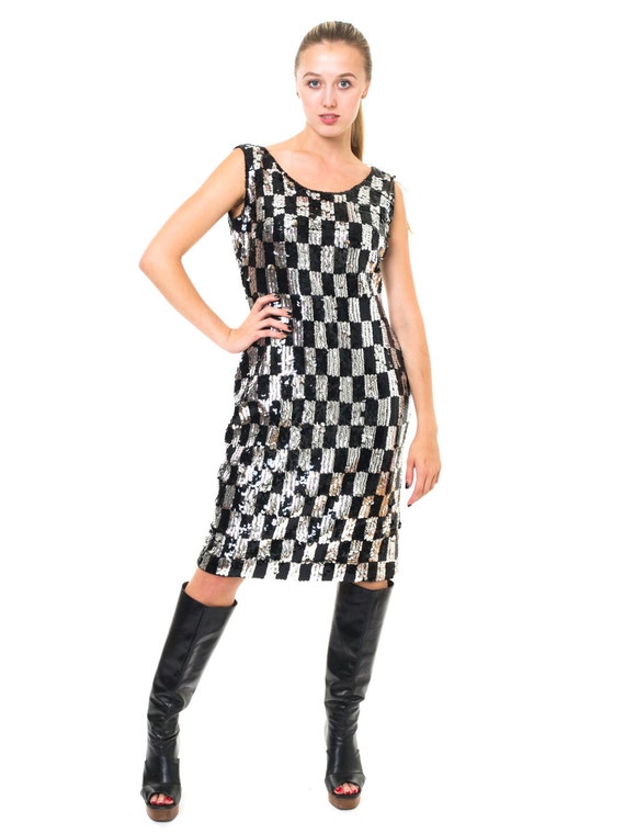 1960S Black & Silver Wool Knit Mod Op-Art Cocktai… - image 5