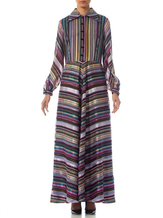 1970S Purple & Blue Striped Poly Blend Satin Long