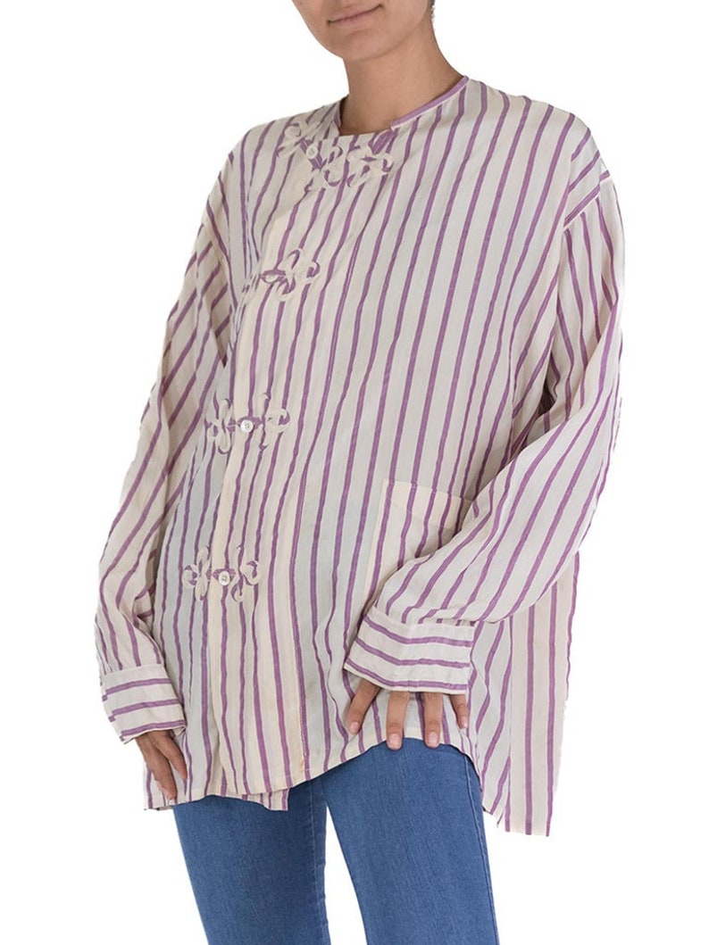 Victorian White Lavender Silk Striped Antique Pajama Top image 3