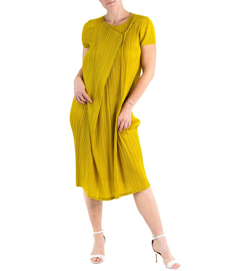 1990S Pleats Please Issey Miyake Mustard Yellow Polyester Wrap Dress image 10