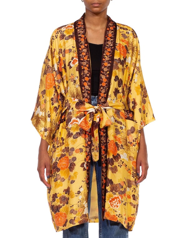 1960S Butter Yellow  Brown Floral Silk Kimono