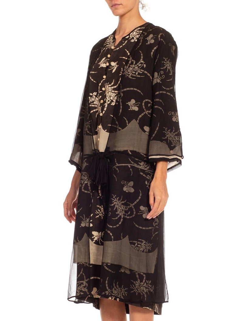 1920S Black Cream Silk Chiffon Made From Quing Dynasty Japanese Butterfly Kimono Dress image 6