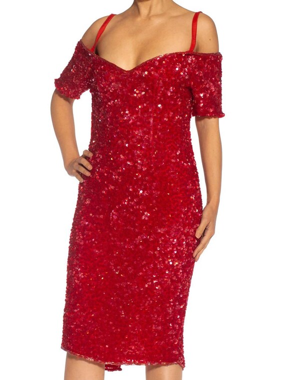 1980S Red Silk Sequin Encrusted Cocktail Dress - image 5