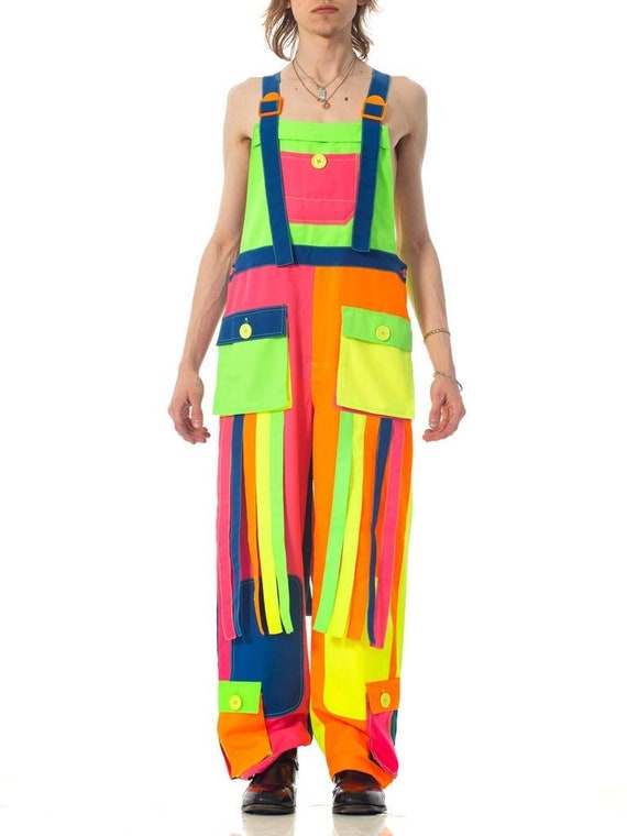 1990S Rainbow Neon Polyester Rave Festival Overall