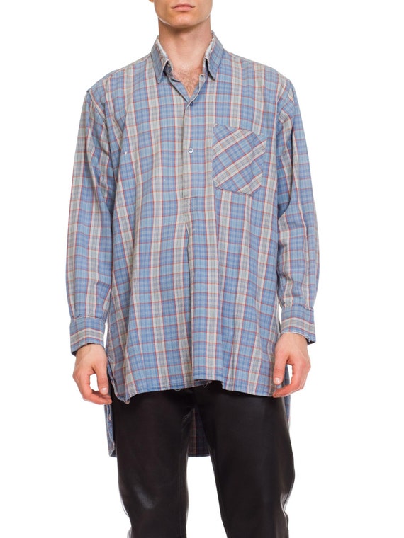 1950S Blue Plaid Cotton Men's Tunic Shirt - image 1