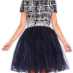 1980S Navy Blue Silk Mini Cocktail Dress perline con nastri