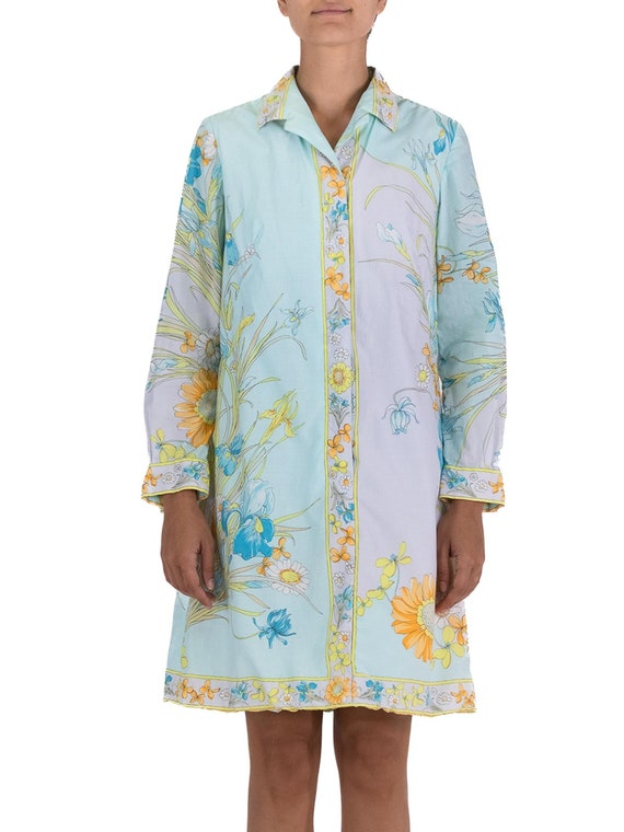 1970S Aqua Blue Shirt Dress With Flower Print - image 1