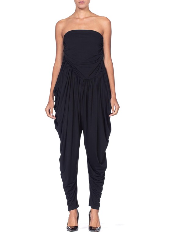 1970S Black Polyester Jersey Strapless Disco Jumps
