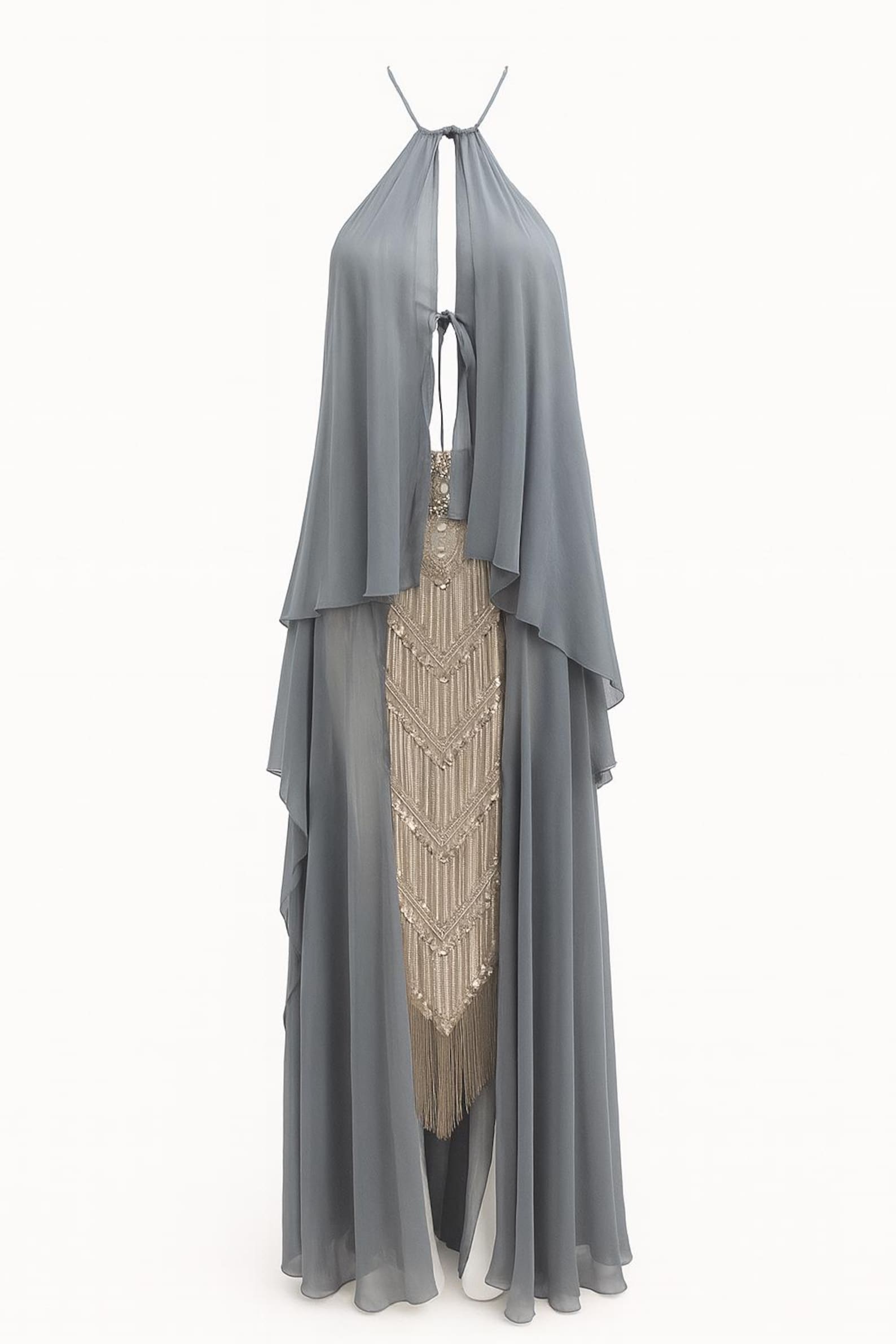 Half Sleeve IllusionTea-length Chiffon Dress Stormy
