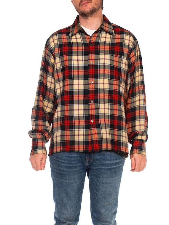 1940S Red Plaid Wool/Cotton Lightweight Men's Shir