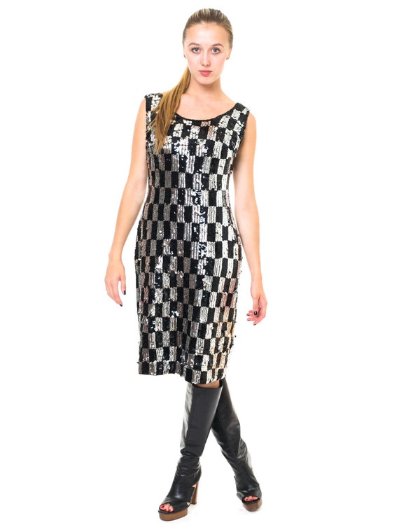 1960S Black & Silver Wool Knit Mod Op-Art Cocktai… - image 1