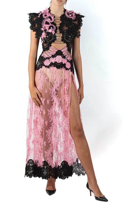 Morphew Atelier Pink  Black Vintage Lace Gown