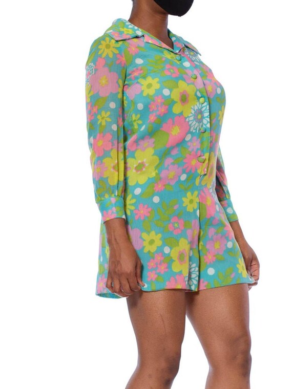 1960S Aqua Blue Floral Cotton Voile Mod Romper - image 8