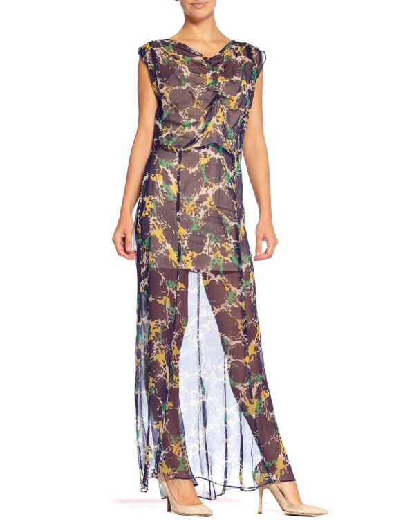 1930's Sheer Navy Blue Rose Silk Chiffon Floral Dr