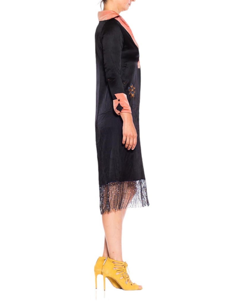 1920S Morphew Collection Black Pink Silk Faille Embroidered Dress With Beaded Fringe image 3