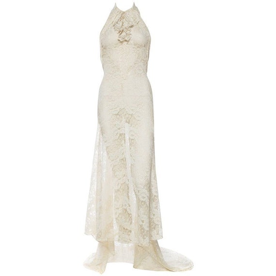 1930S Ivory Cobweb Lace Backless Halter Gown With