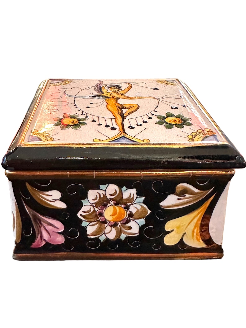 Morphew Abode 1950S White Italian Cermanic Handpainted Angel With Flowers Box Matching Saucers image 8