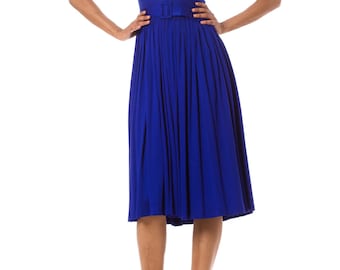 1950S Sapphire Blue  Silk Jersey Couture Hand Pleated Dress With Belt