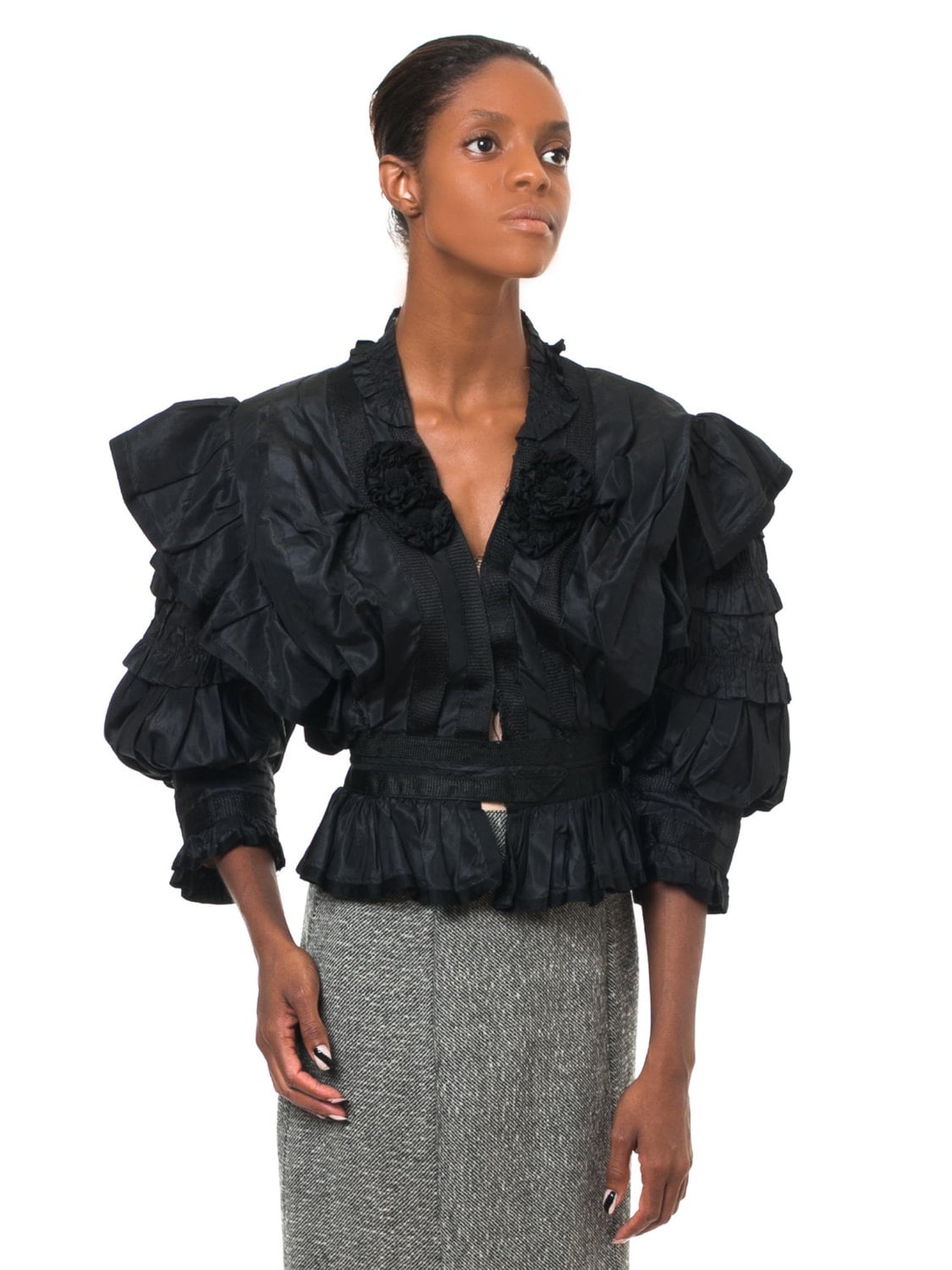 Edwardian Black Silk Taffeta Dramatic Ruffled Puff Sleeve Blouse Some Shattering But Wearable
