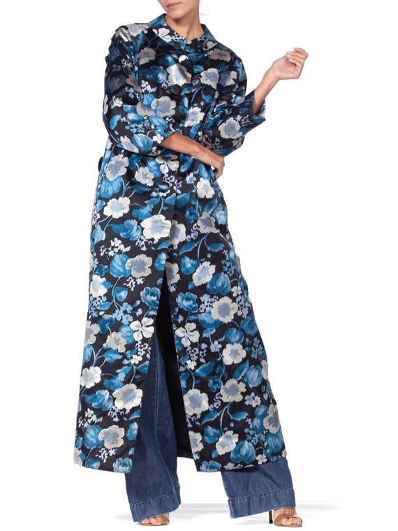 1950S Black & Blue Couture Grade Floral Silk Sati… - image 6