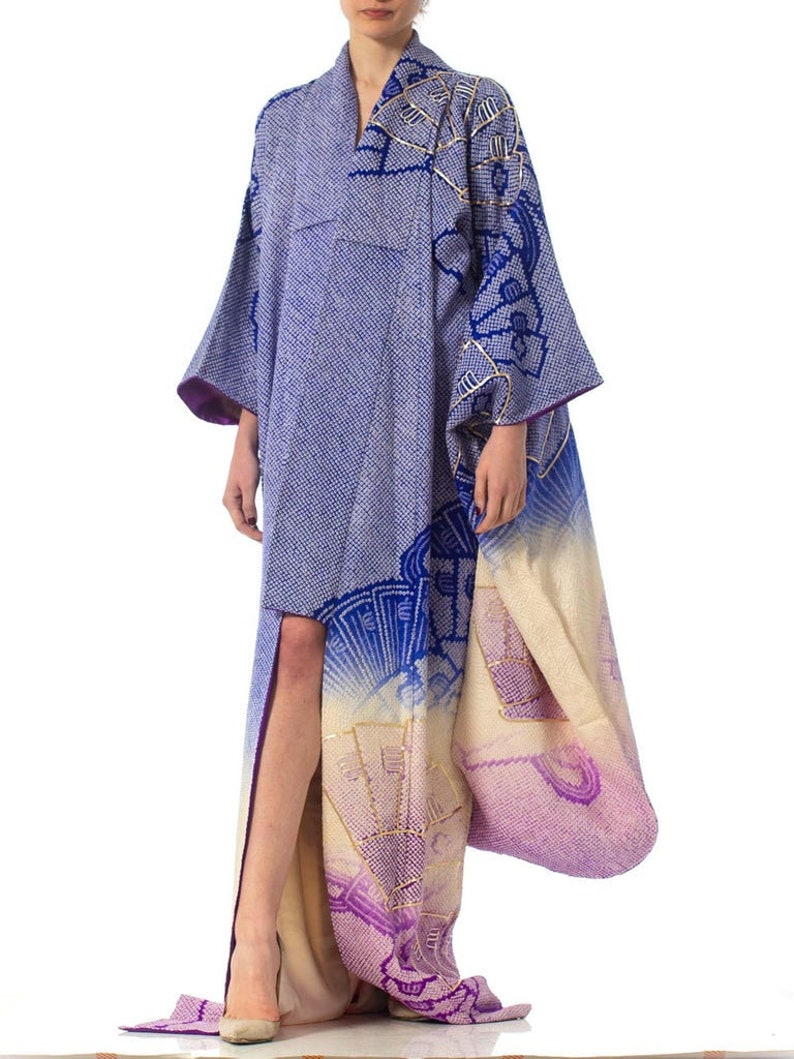 1970'S Japanese Shibori Hand Dyed Ombre Blue To Purple Silk Gold Embroidered Kimono image 6
