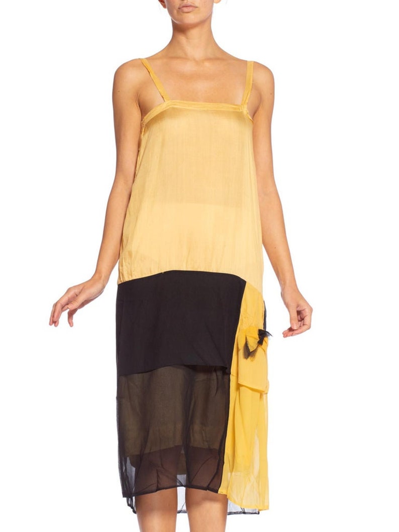 1920'S Yellow & Black Silk Chiffon Slip Dress Meant To Be Worn Under An Evening Top image 7