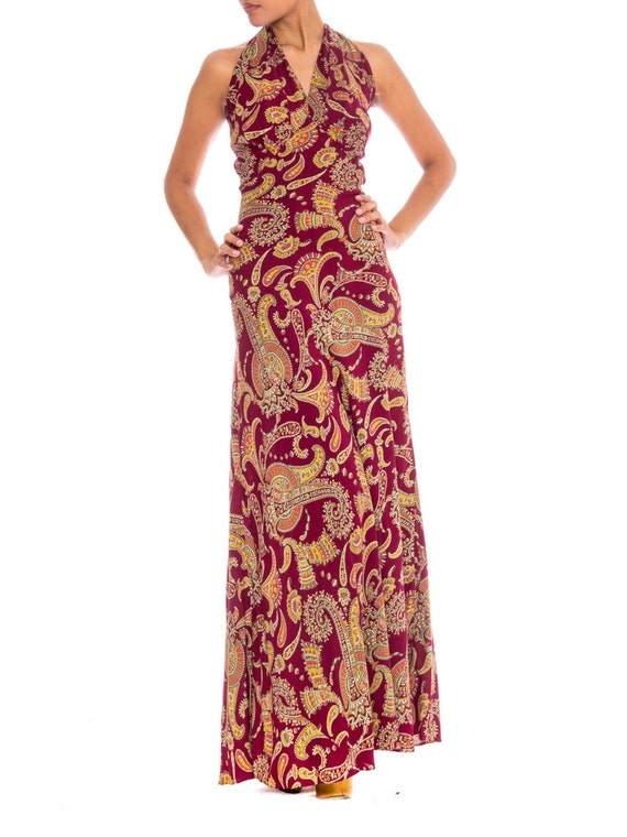 1930S Cranberry Red Paisley Rayon Backless Bias C… - image 1