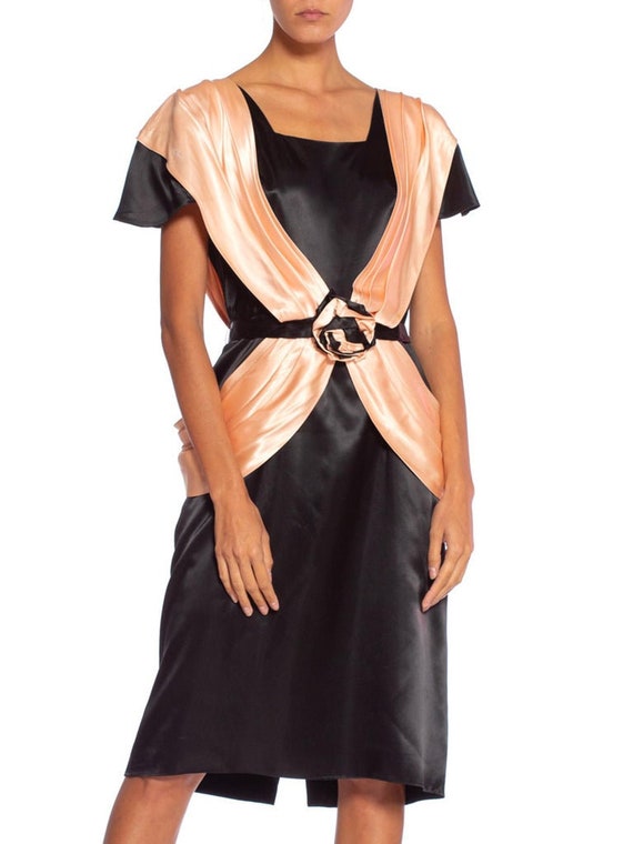 1980'S Black & Peach Acetate Satin Short Sleeve F… - image 8