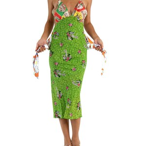 Morphew Collection Green Multicolored Bias Cut 1940S Cold Rayon Hawaiian Print Sagittarius Dress image 4