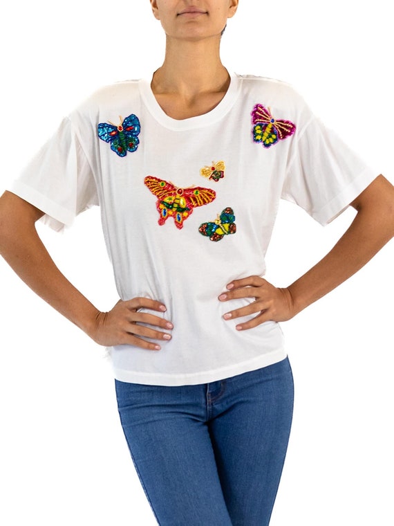 1990S Escada White Cotton Jersey Butterfly Sequin… - image 1