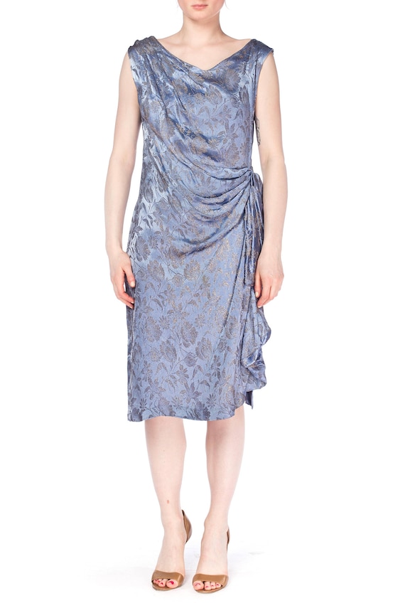 1920S Blue Silk & Silver Floral Lamé Draped Cockta