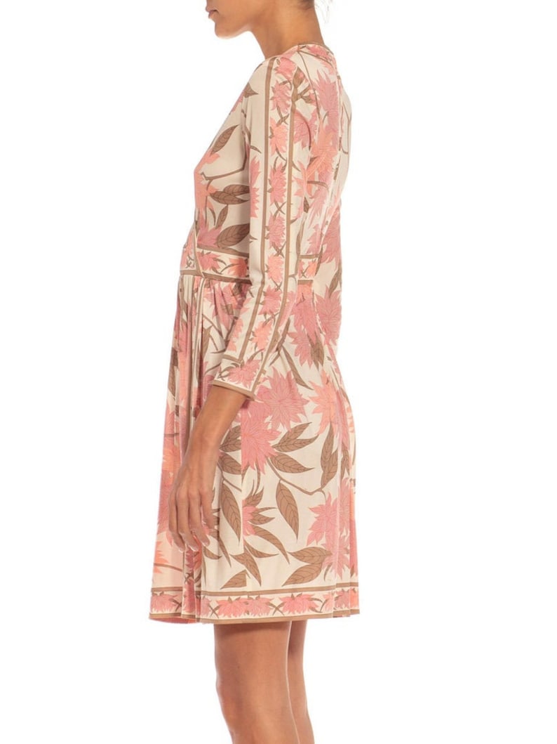 1970S Emilio Pucci Cream, Brown Pink Floral Silk Rayon Blend Signed Dress image 2