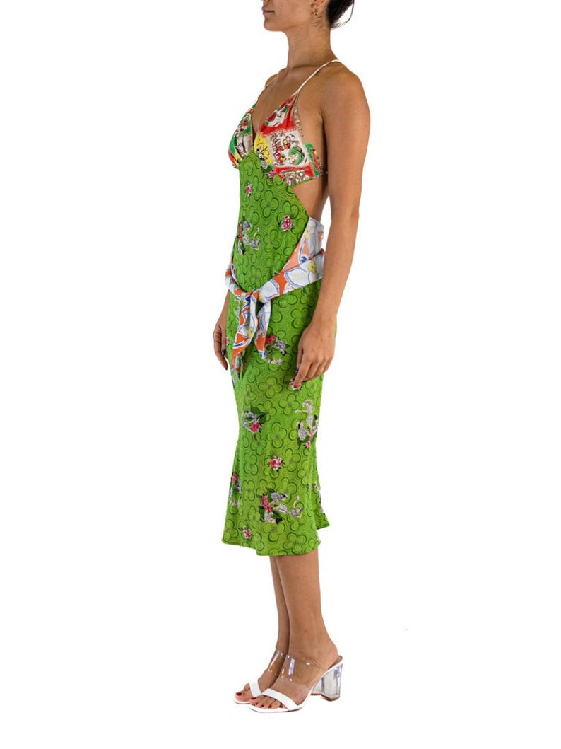 Morphew Collection Green Multicolored Bias Cut 1940S Cold Rayon Hawaiian Print Sagittarius Dress image 2