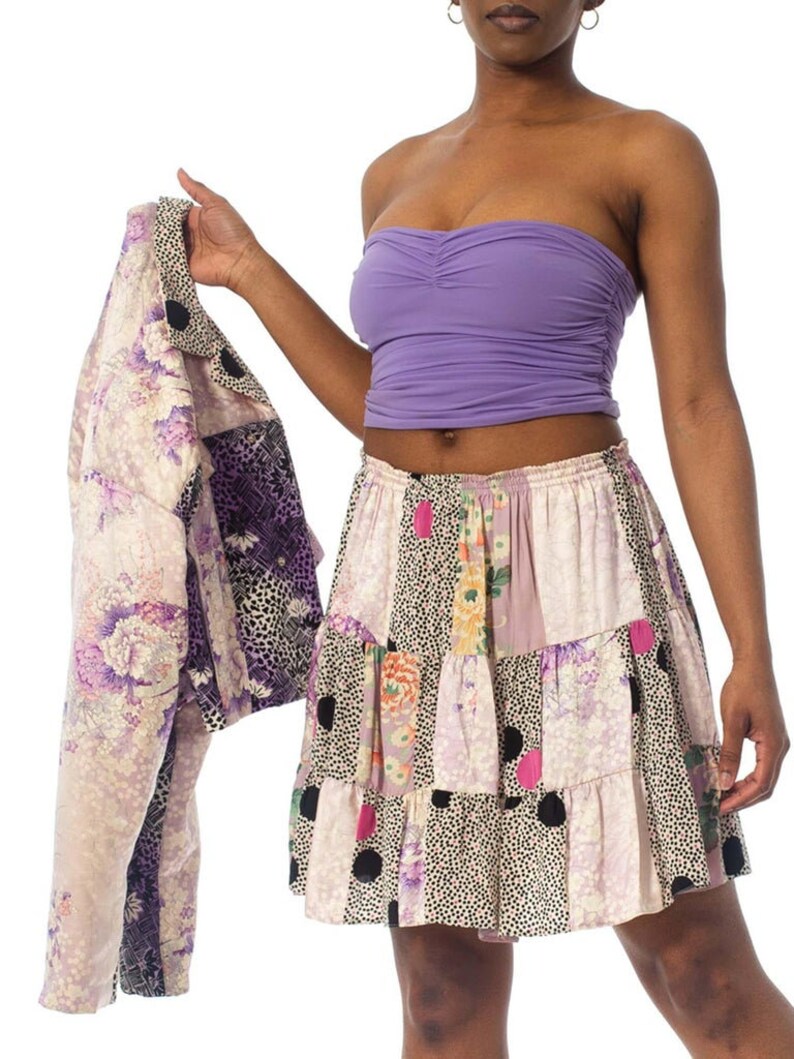 1980S Purple Printed Skirt, Top & Jacket Ensemble Made From Japanese Kimono Silk image 7