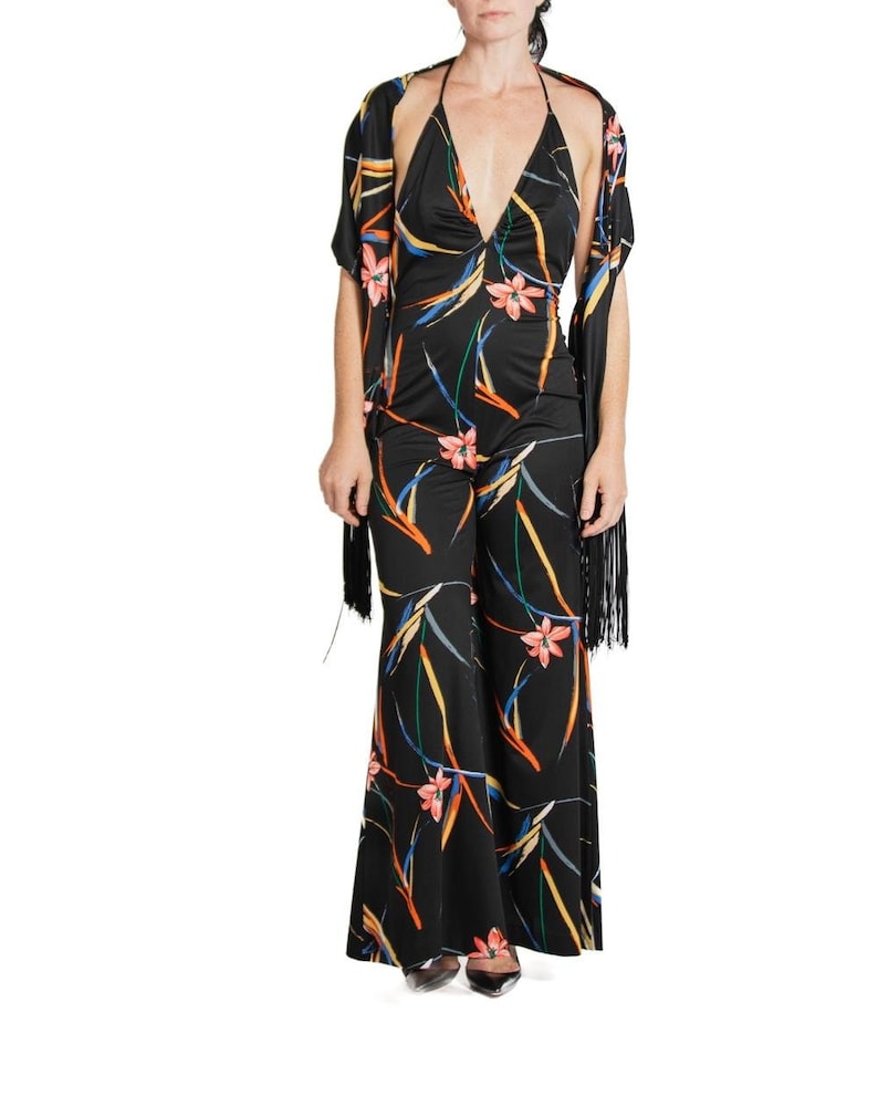 1970S Black & Tropical Rayon Jumpsuit With Matching Shawl image 1