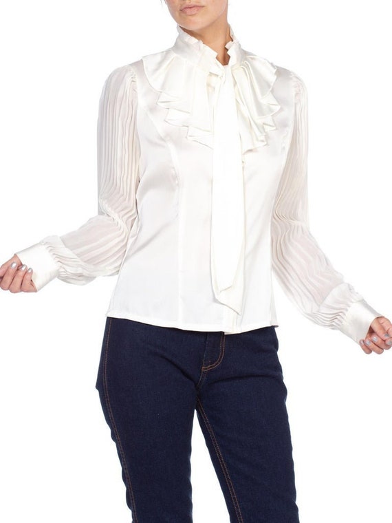 1970'S White Polyester Sateen Ruffled Bow Neck Blo