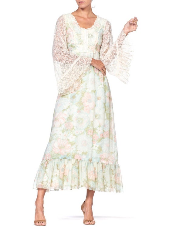 1970S Boho Floral Printed Cotton Tulle Dress Line… - image 7
