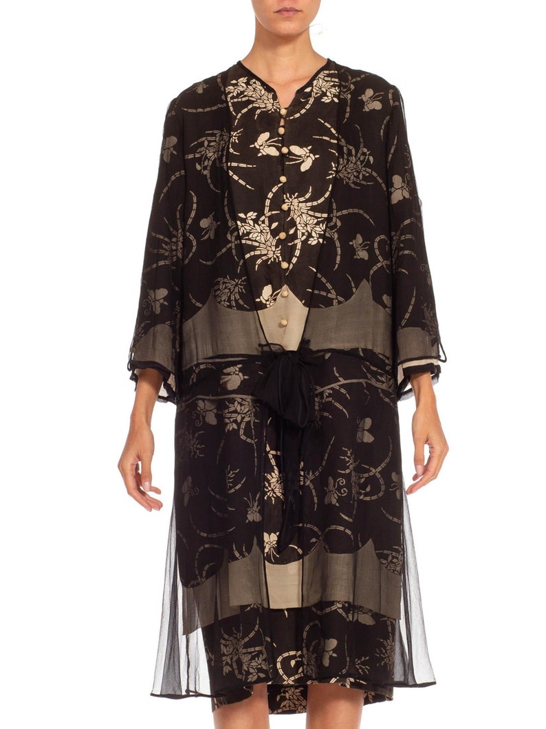 1920S Black Cream Silk Chiffon Made From Quing Dynasty Japanese Butterfly Kimono Dress image 1