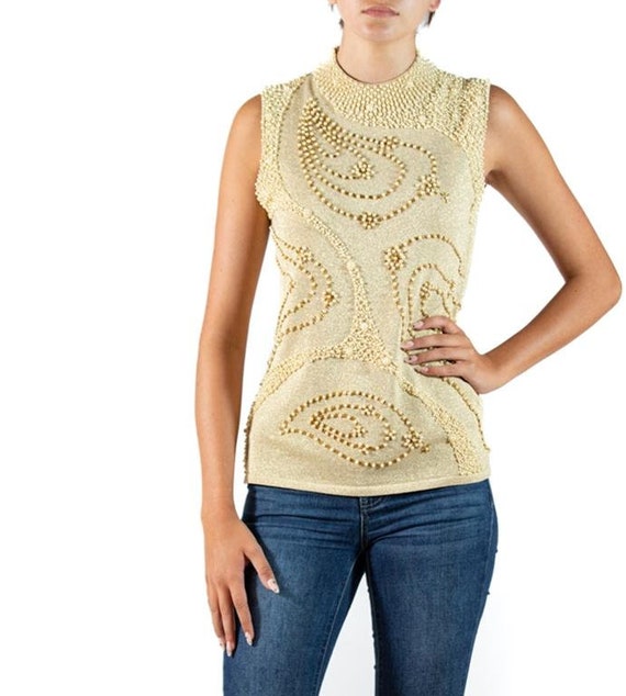 1990S Gold Silk Lurex Pearl Beaded Top