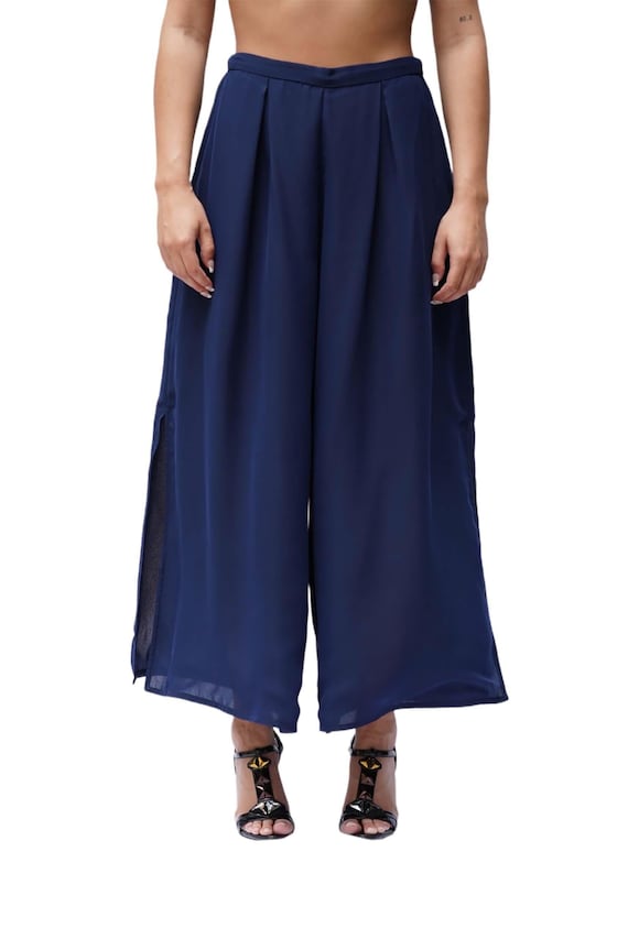 1970S Navy Blue Polyester Chiffon Pants