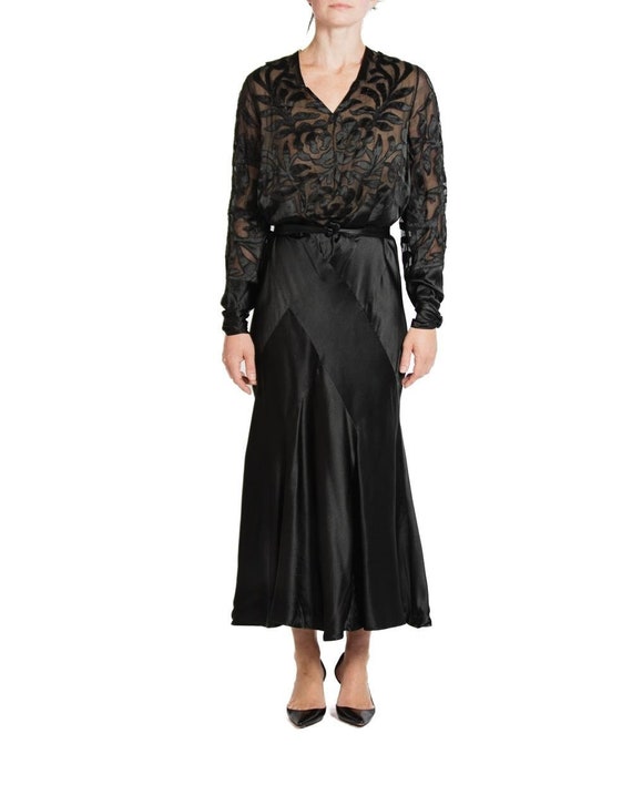 1930S Black Silk Satin Bias Cut Long Sleeve Gown - image 1