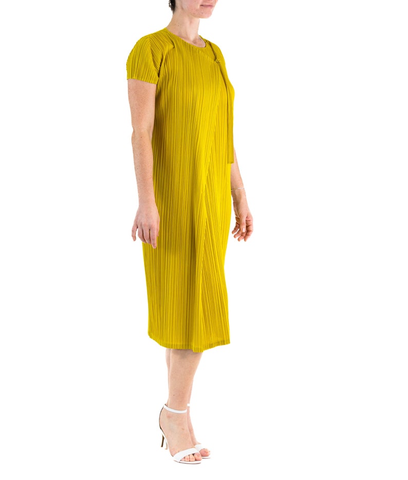 1990S Pleats Please Issey Miyake Mustard Yellow Polyester Wrap Dress image 7