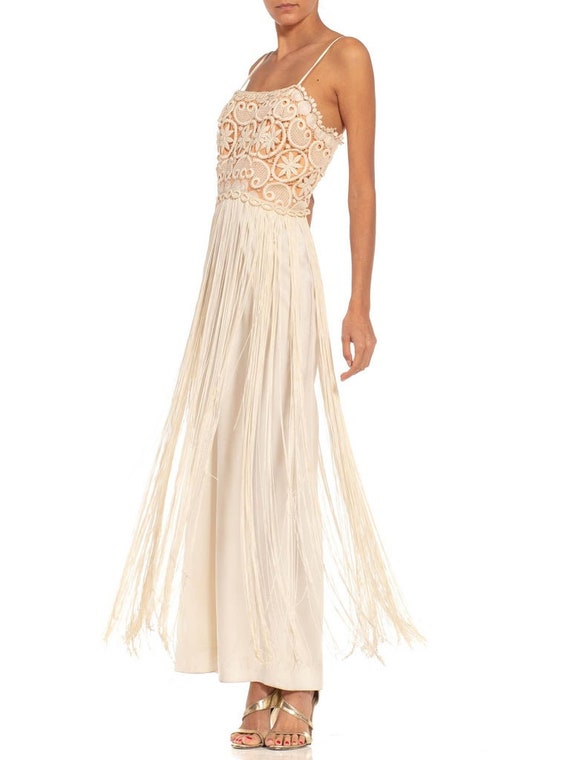 1970S Cream  Tan Lace Fringe Gown - image 5