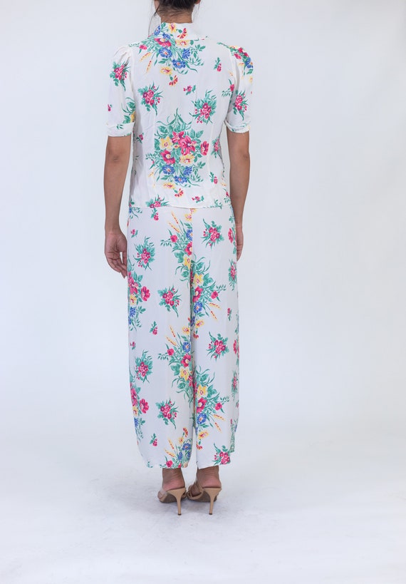 1940S White Cold Rayon Pink Floral Print Pajamas - image 9