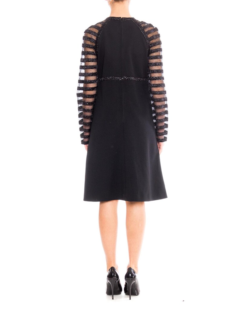 1960S JACQUELINE VANOYE Black Polyester Knit MOD Cocktail Dress With Mesh Lurex Stripe Sleeves image 5