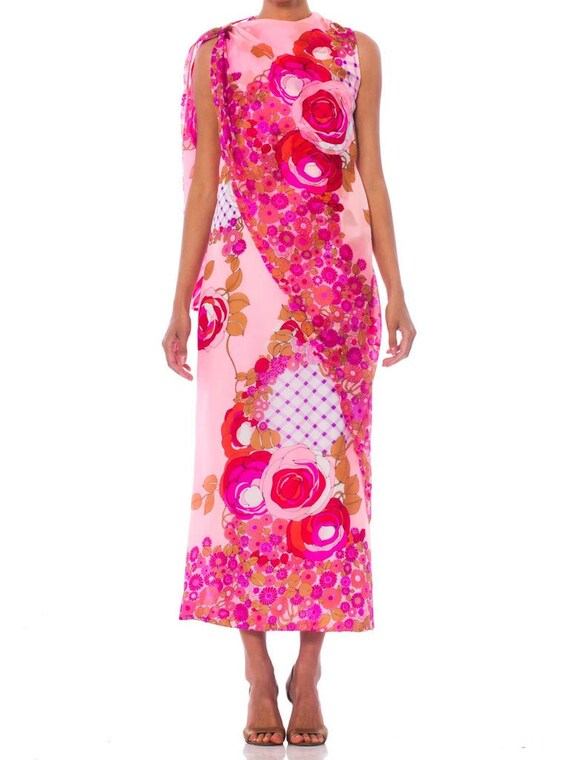 1960S Pink Psychedelic Rose Print Polyester Chiff